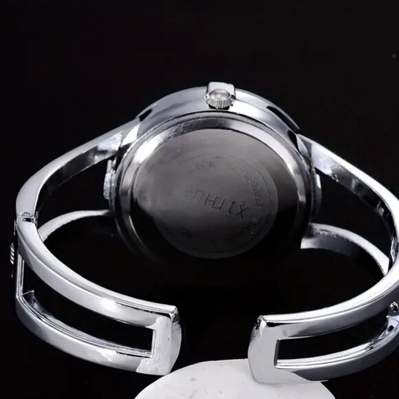 Round Pointer Quartz Watch Minimalist Rhinestone Decor Dial Vintage Cuff Bangle - Picture 2 of 3